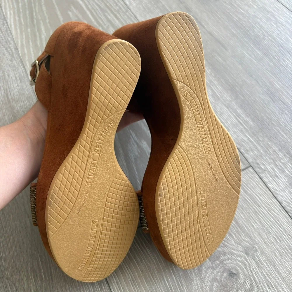 Stuart Weitzman Brown Suede Metallic Bead Wedge Sandals W03192 Womens 10 M